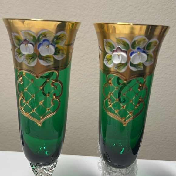 Czech Bohemia 24k gold and green hand painted champagne flute set - Picture 2 of 6